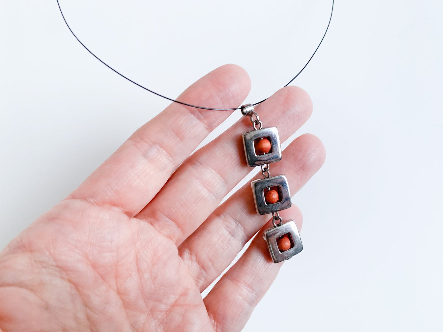 Wooden red beads and metal necklace Foxtrot by Aarikka Finland