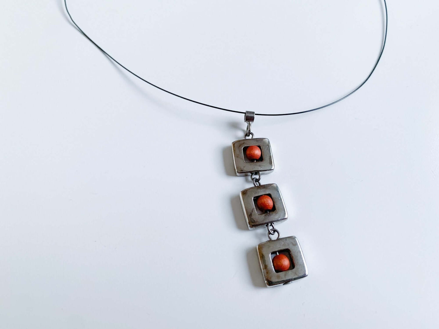 Wooden red beads and metal necklace Foxtrot by Aarikka Finland