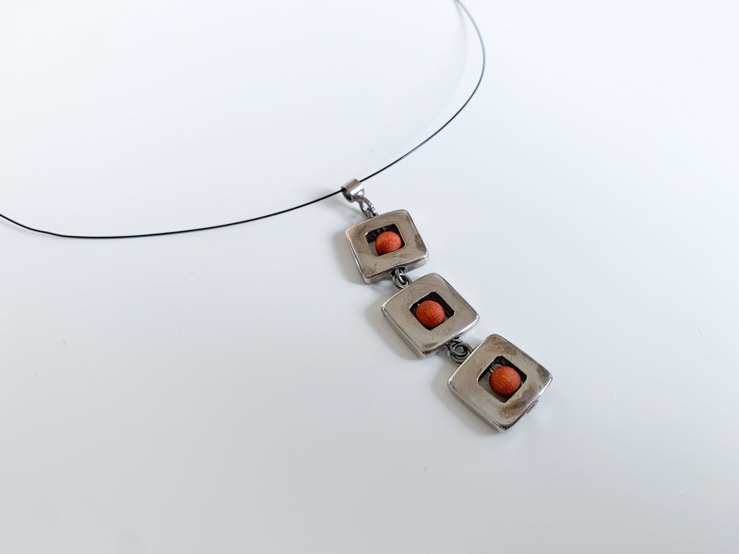 Wooden red beads and metal necklace Foxtrot by Aarikka Finland