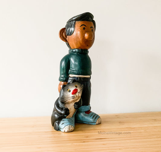 Gaston Lagaffe and Cat carved wooden sculpture