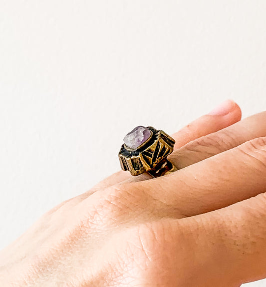 Pentti Sarpaneva Kelo Brutalist Bronze Ring Raw Amethyst | Turun Hopea 1970s
