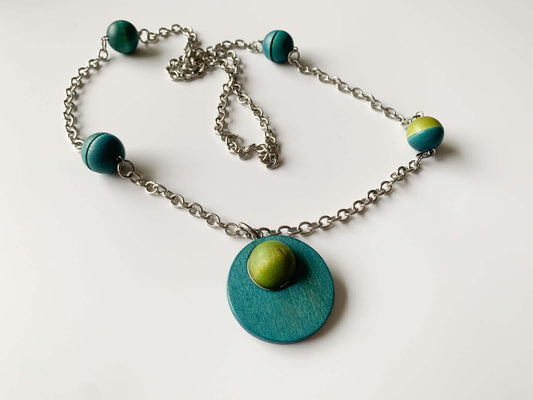 Aarikka Finland Wooden Bead Necklace with Planet Pendant