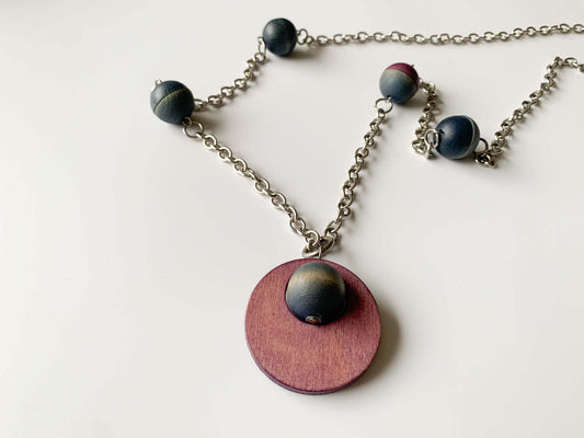 Aarikka Finland Wooden Bead Necklace, Plum Planet Pendant
