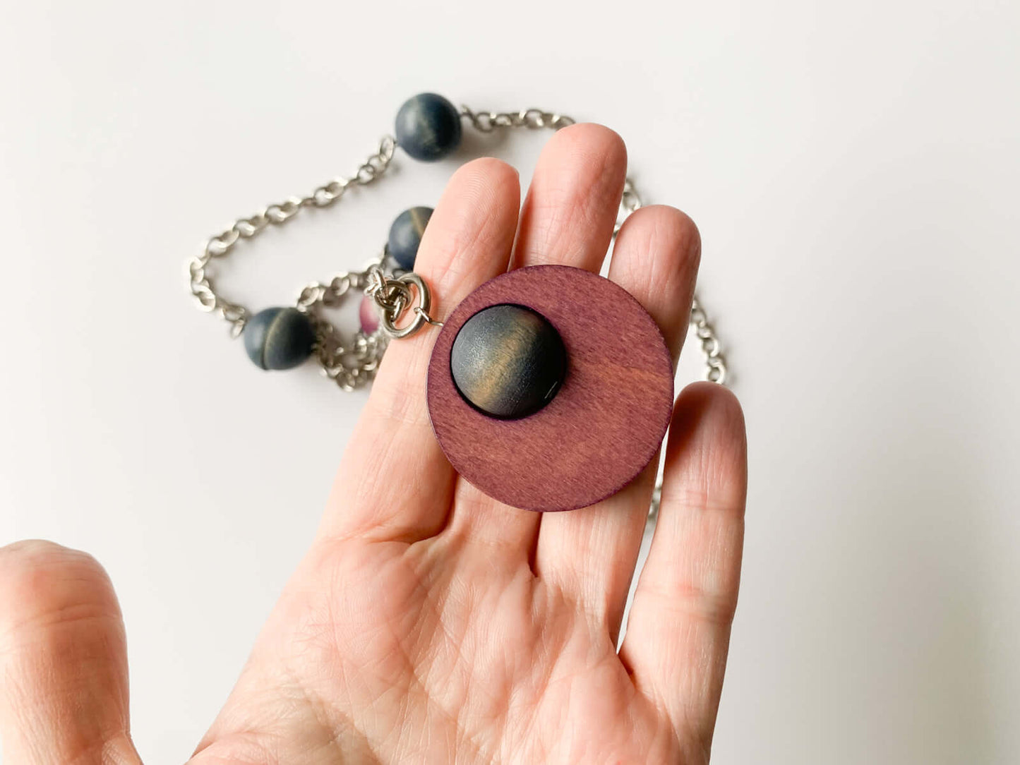 Aarikka Finland Wooden Bead Necklace, Plum Planet Pendant
