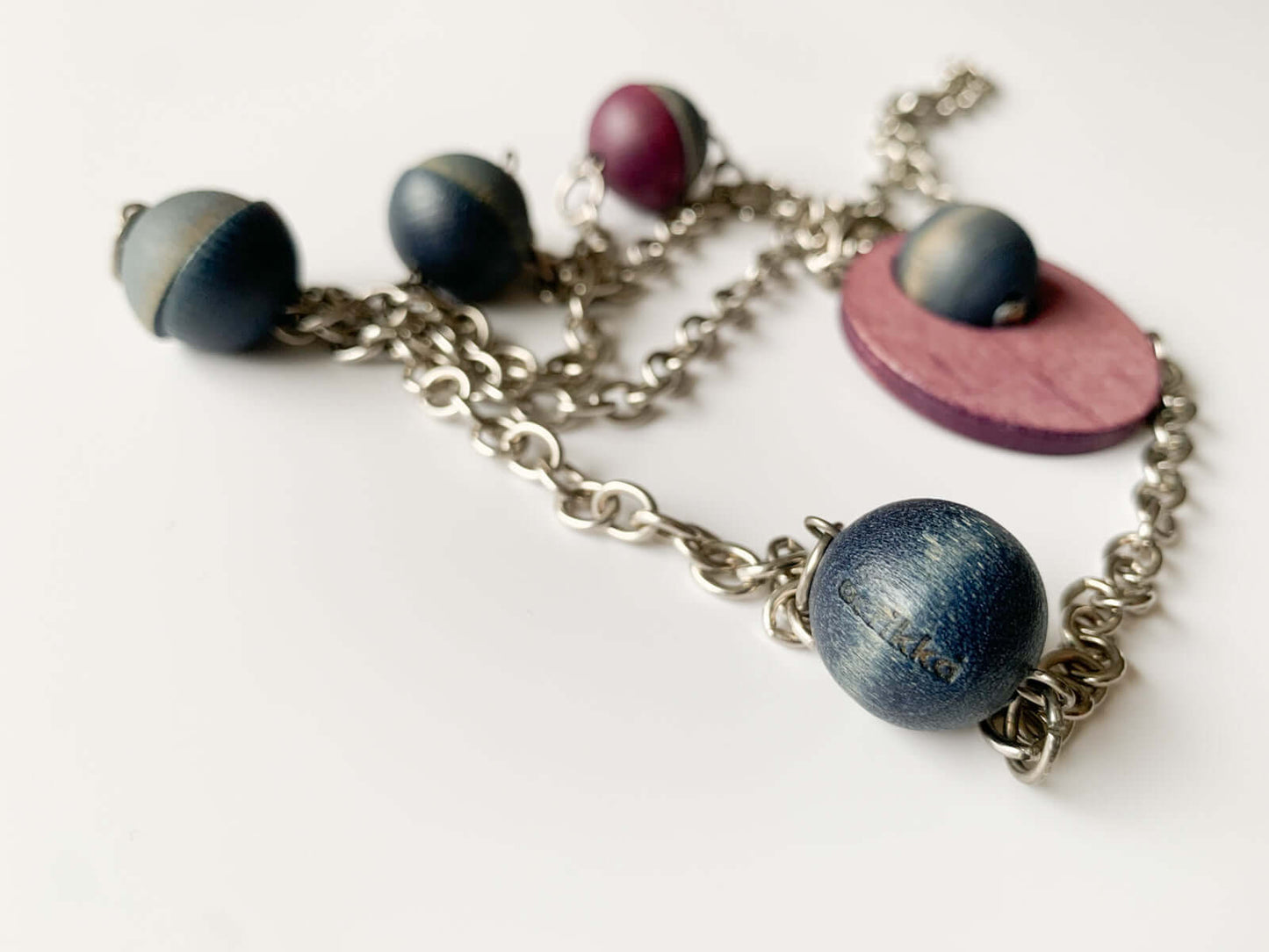 Aarikka Finland Wooden Bead Necklace, Plum Planet Pendant