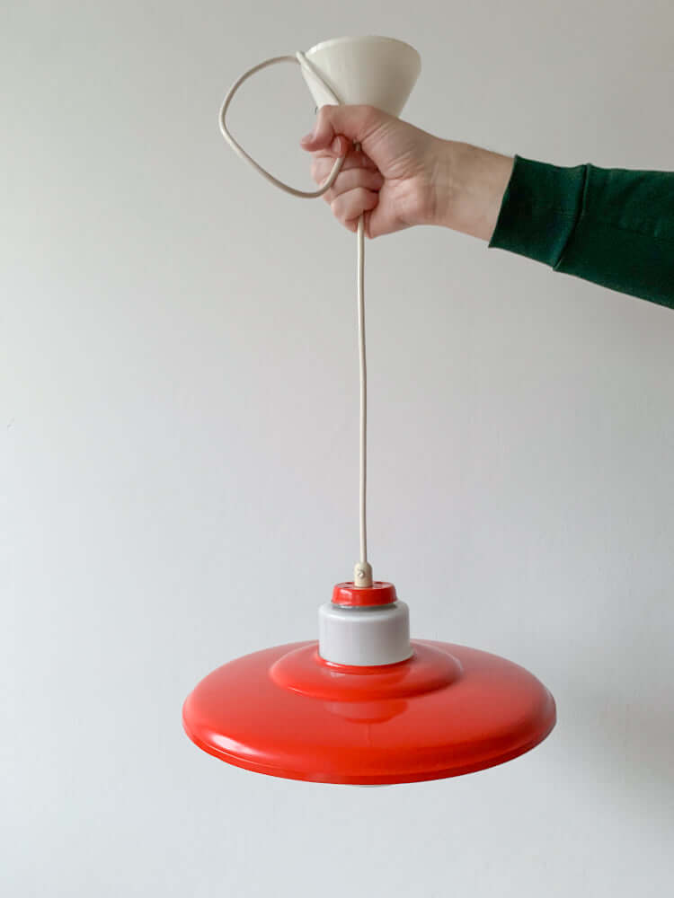 UFO pendant Lynx lamp, milk glass and metal. 1970s Finland