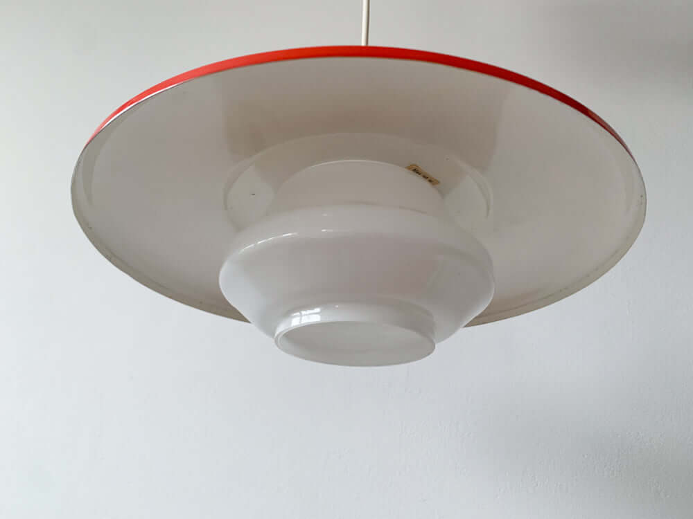 UFO pendant Lynx lamp, milk glass and metal. 1970s Finland