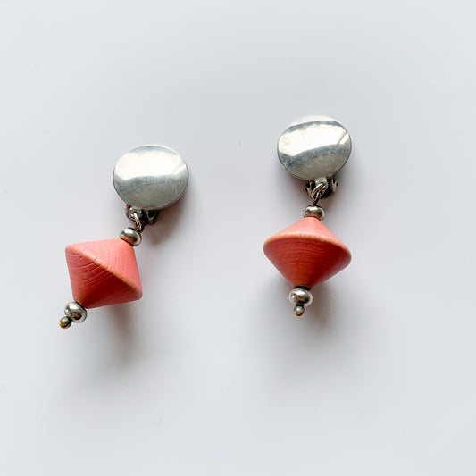 Aarikka Finland | Cone wood clip earrings, coral pink