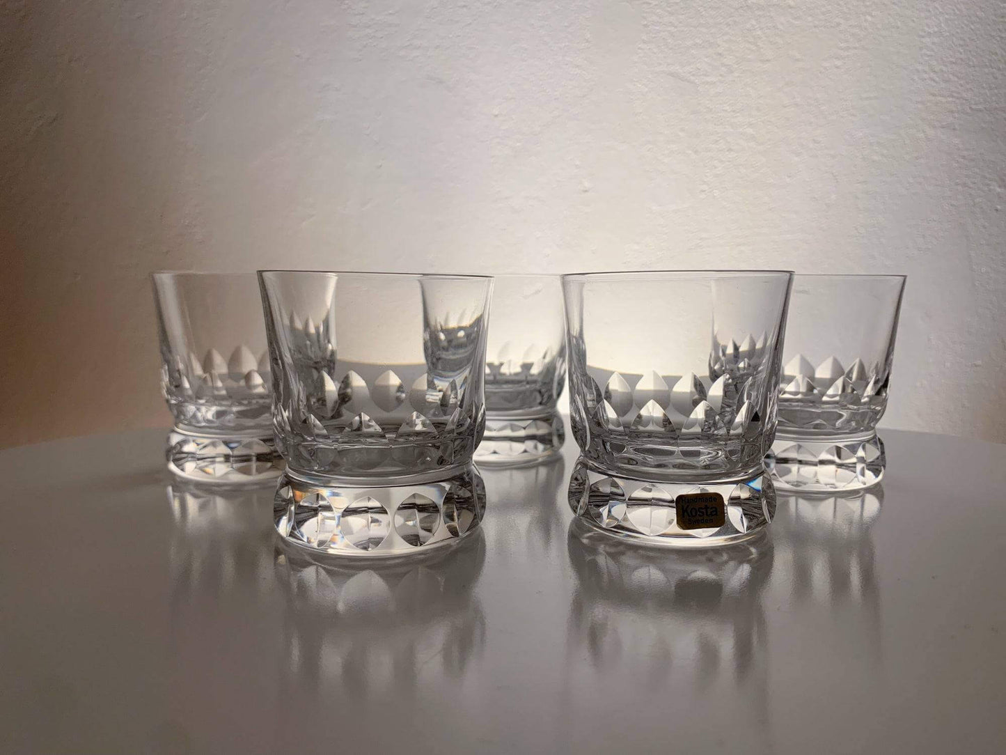 Set of 5 crystal iconic substantial shots Prince, Göran Wärff, Kosta Boda 1986 Sweden