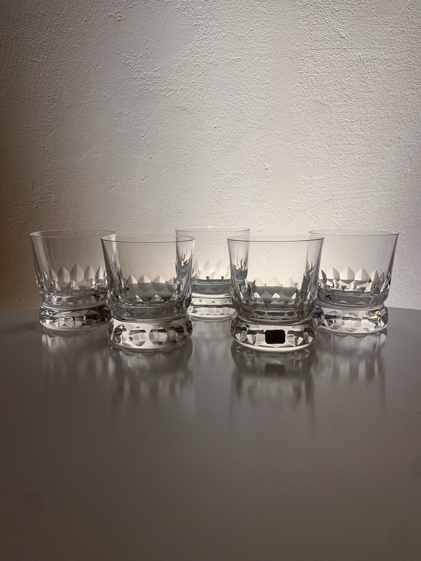 Set of 5 crystal iconic substantial shots Prince, Göran Wärff, Kosta Boda 1986 Sweden