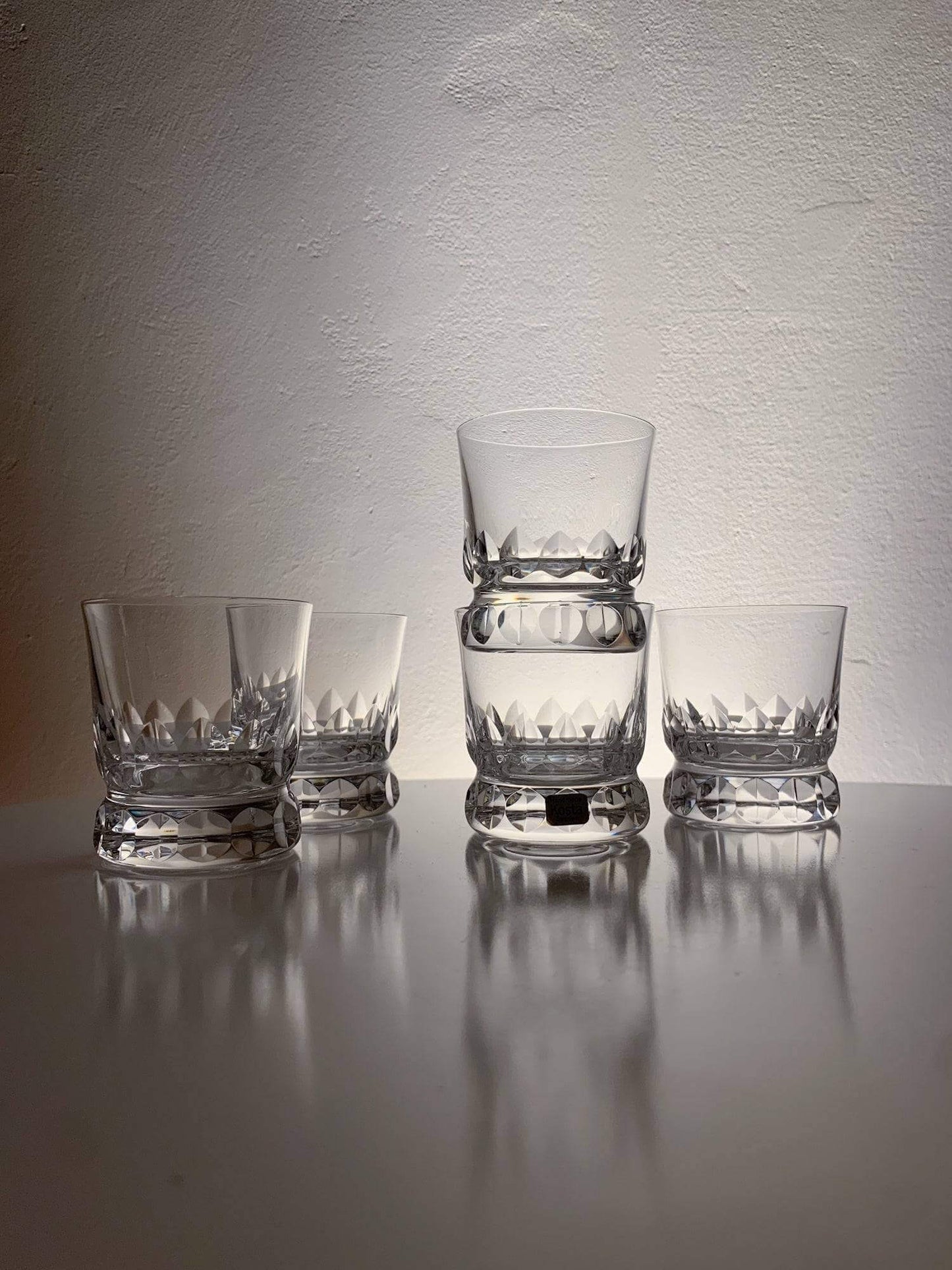 Set of 5 crystal iconic substantial shots Prince, Göran Wärff, Kosta Boda 1986 Sweden