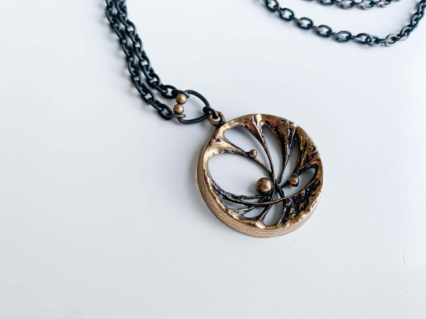 Karl Laine Vintage abstract organic style bronze necklace Spiderweb, Finland 1970s