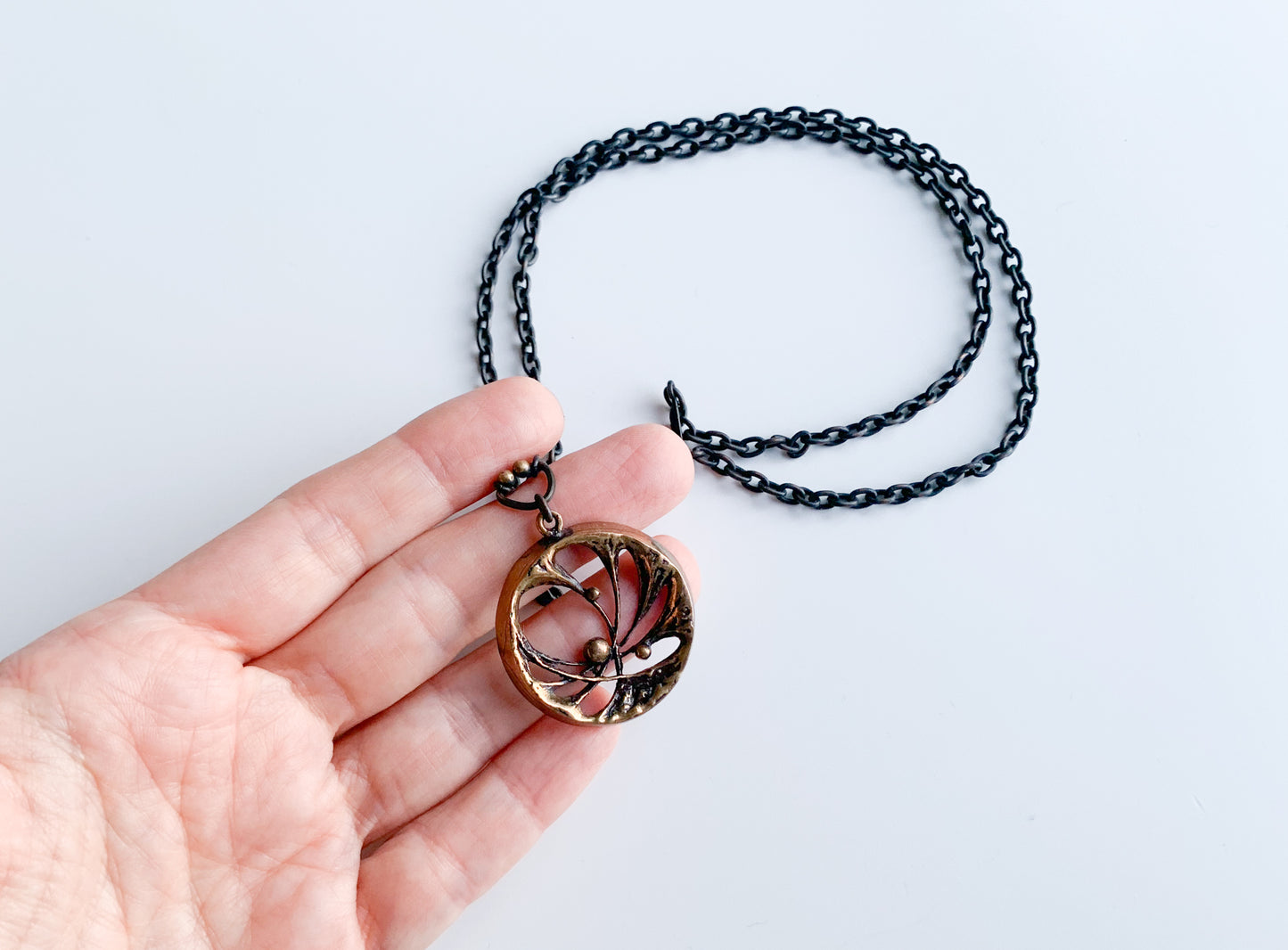 Karl Laine Vintage abstract organic style bronze necklace Spiderweb, Finland 1970s