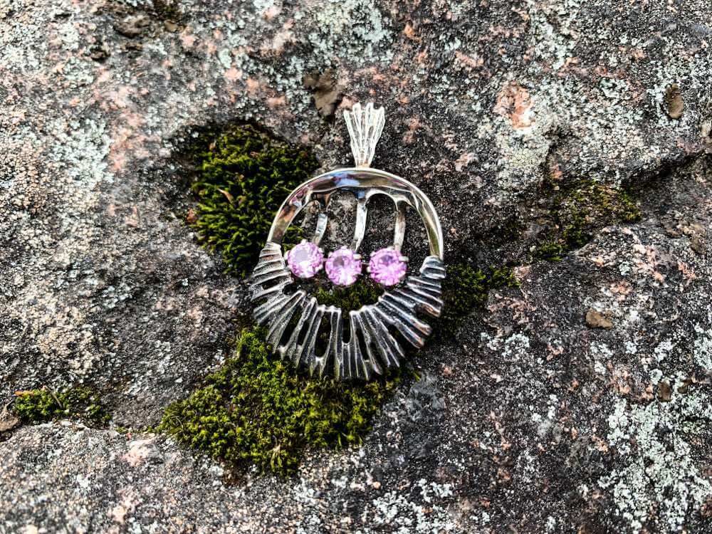 Modernist silver pendant with the pink gemstones, designer Martti Viikinniemi, Finland