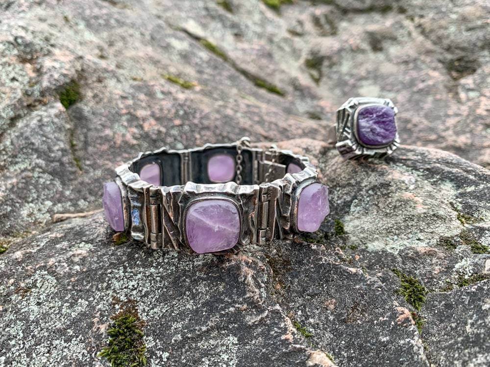 Raw amethyst silver ring bracelet