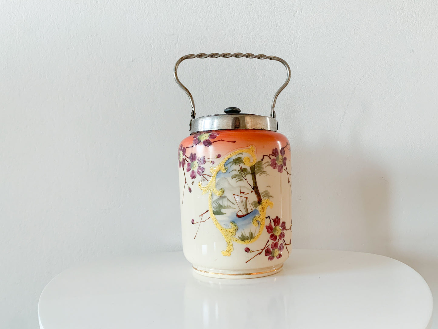 Vintage opal glass hand-painted buscuit jar with lid, end of 19th - early 20th century