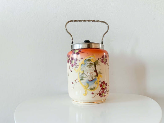 Vintage opal glass hand-painted buscuit jar with lid, end of 19th - early 20th century