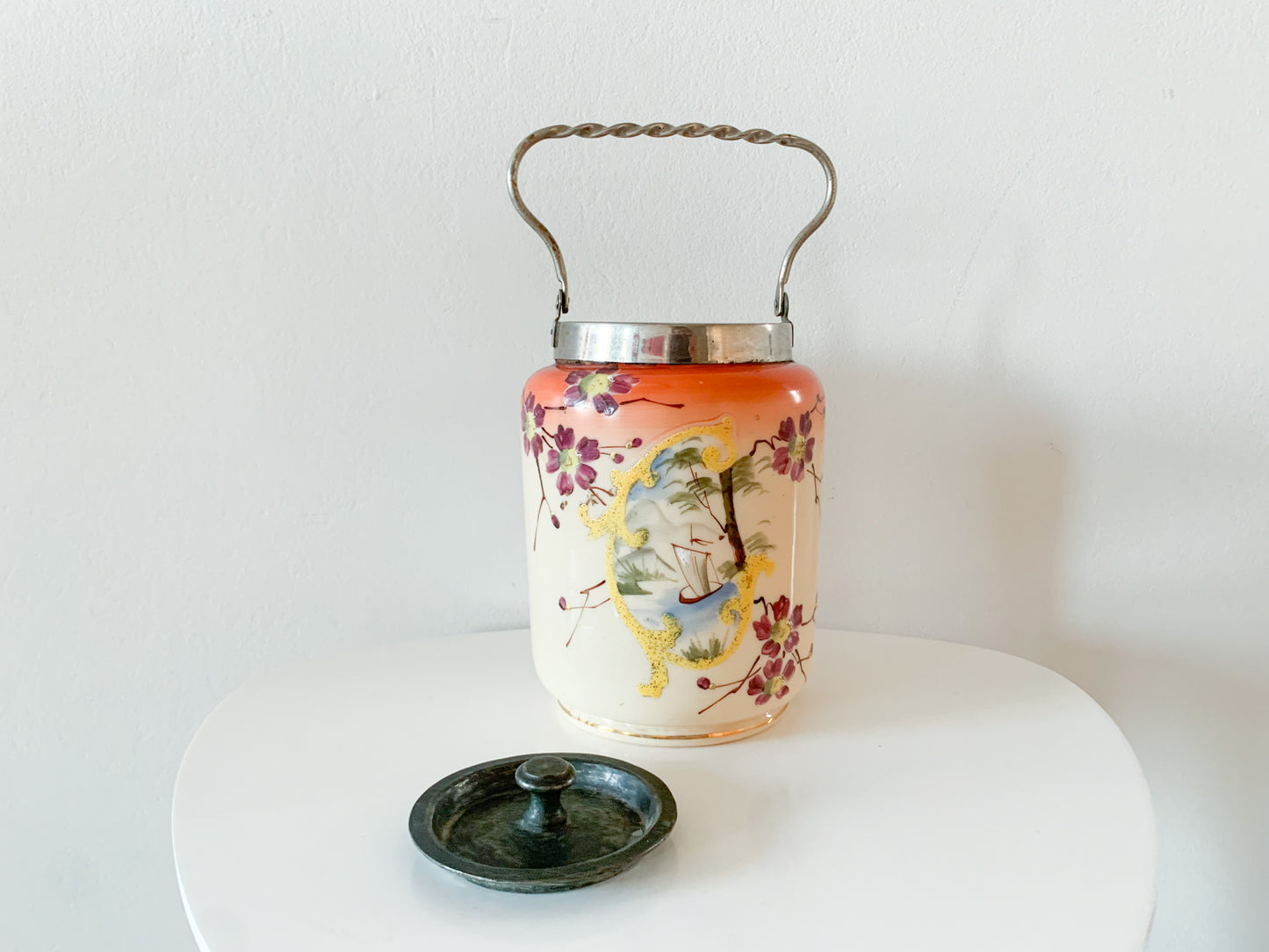 Vintage opal glass hand-painted buscuit jar with lid, end of 19th - early 20th century
