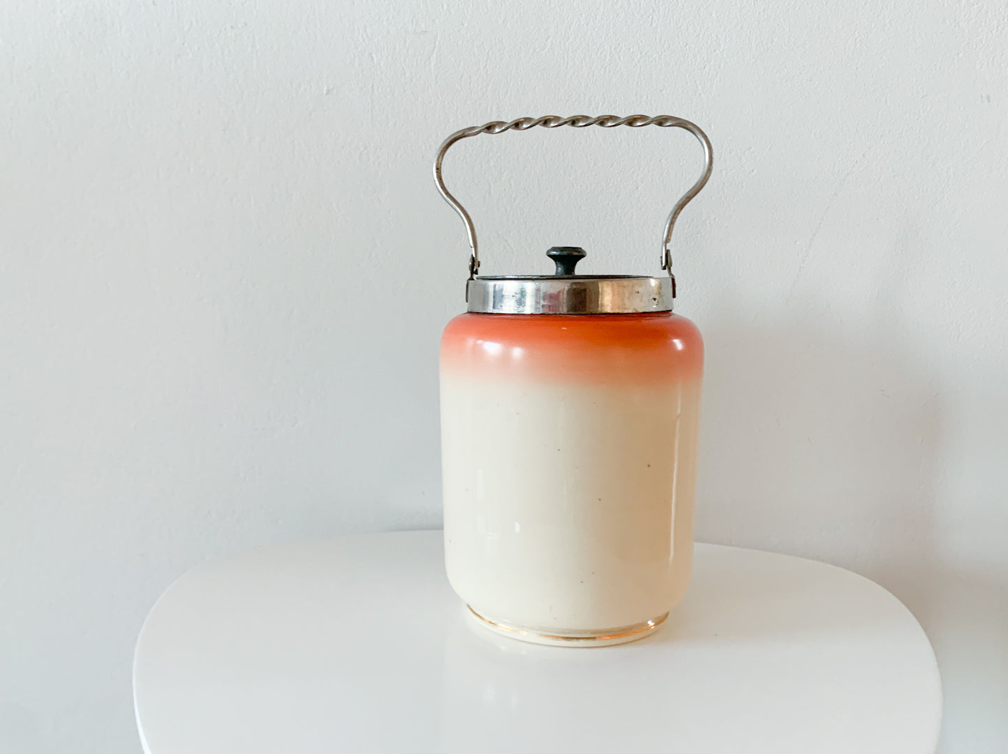 Vintage opal glass hand-painted buscuit jar with lid, end of 19th - early 20th century