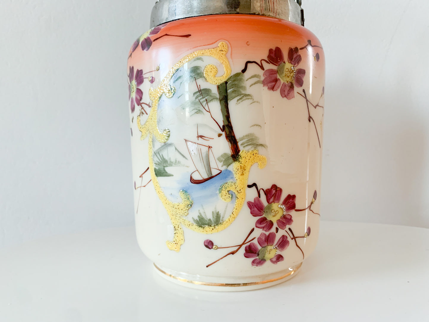 Vintage opal glass hand-painted buscuit jar with lid, end of 19th - early 20th century