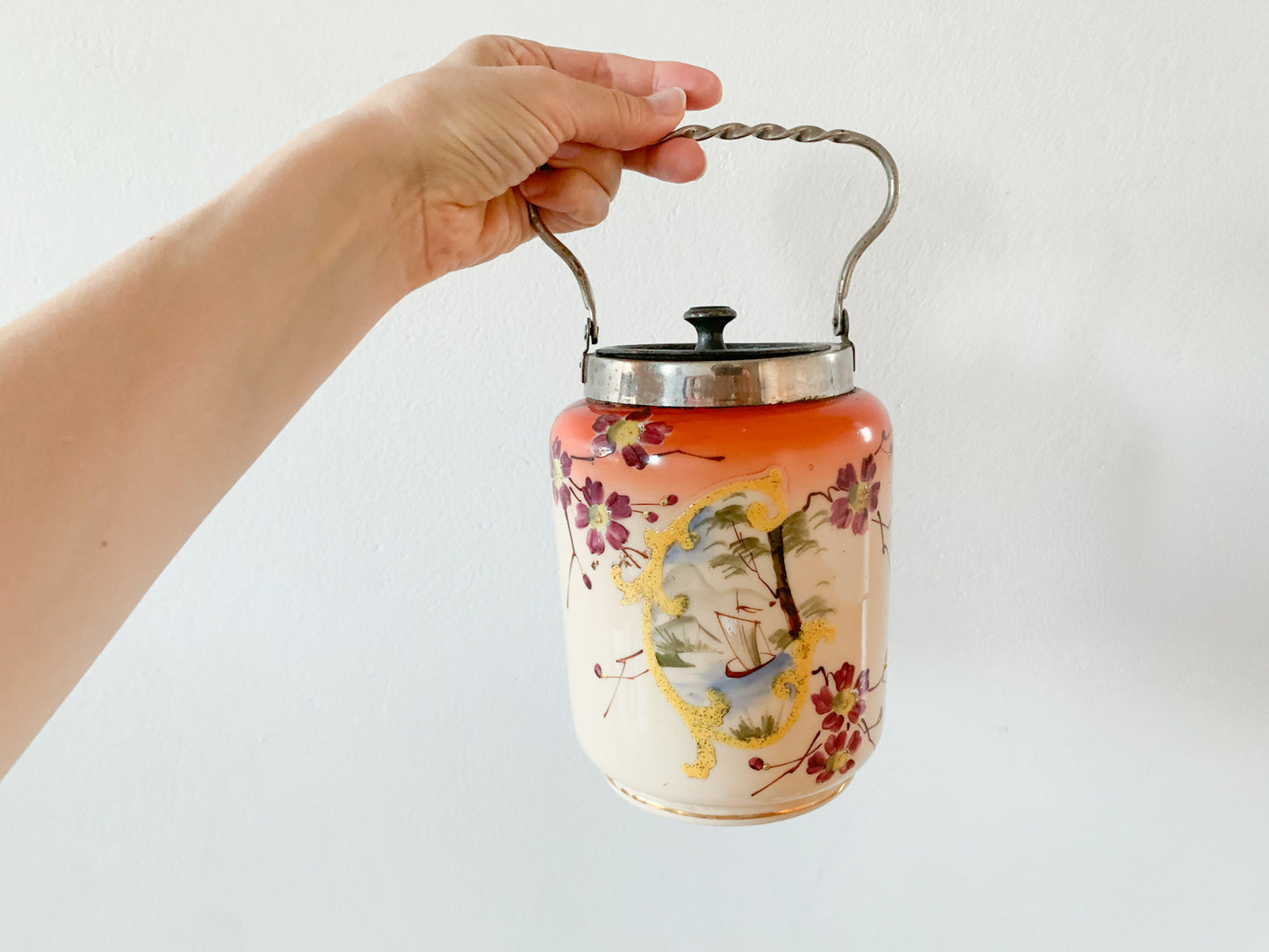 Vintage opal glass hand-painted buscuit jar with lid, end of 19th - early 20th century