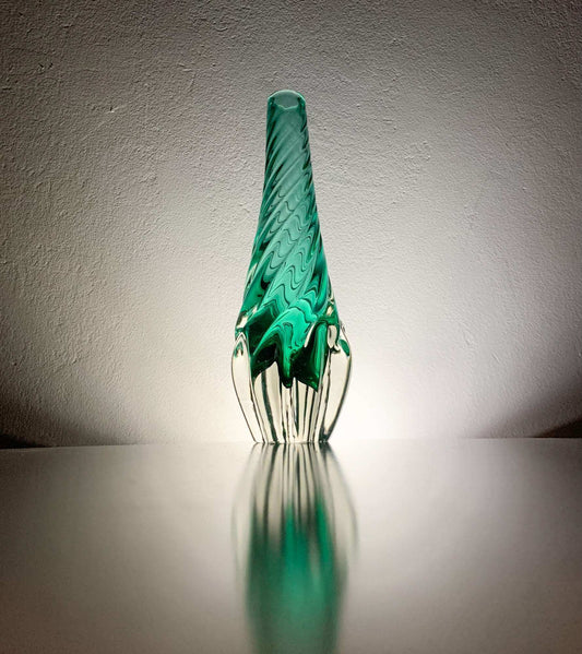 Emerald green crystal glass swirl vase, designer Mikko Helander, Humppila Finland, 60s