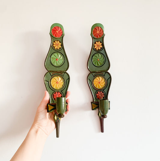 Pair of Vintage Nordic Folk Wall Candleholders