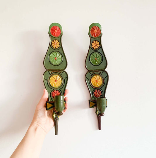 Pair of Vintage Nordic Folk Wall Candleholders