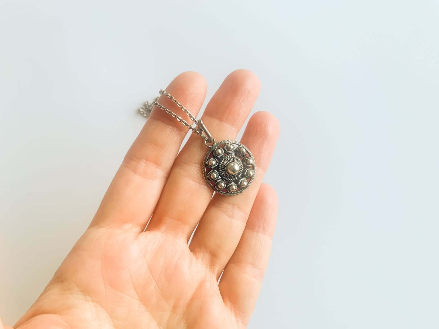 Silver Dutch Button pendant, filigree technique