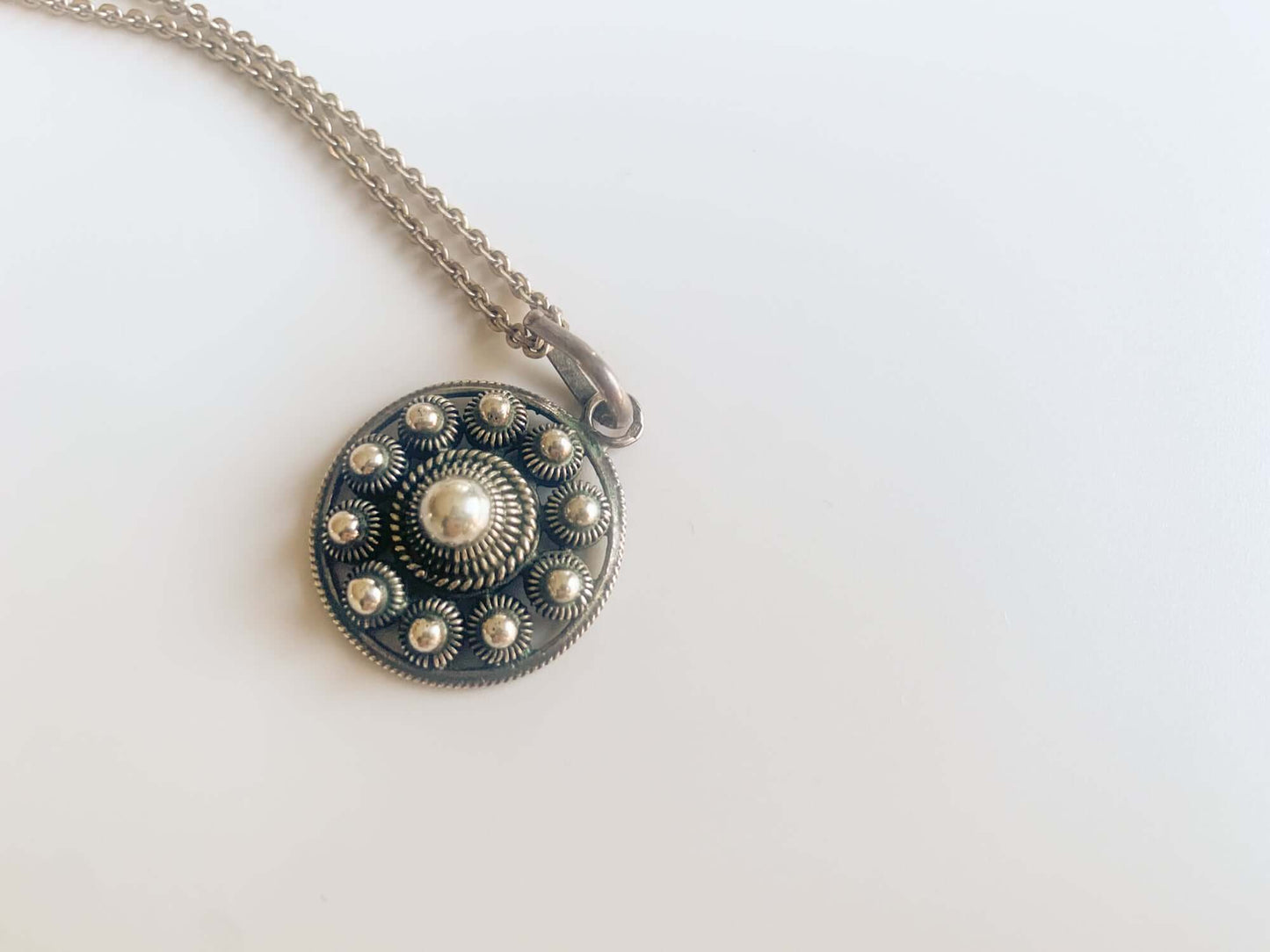 Silver Dutch Button pendant, filigree technique