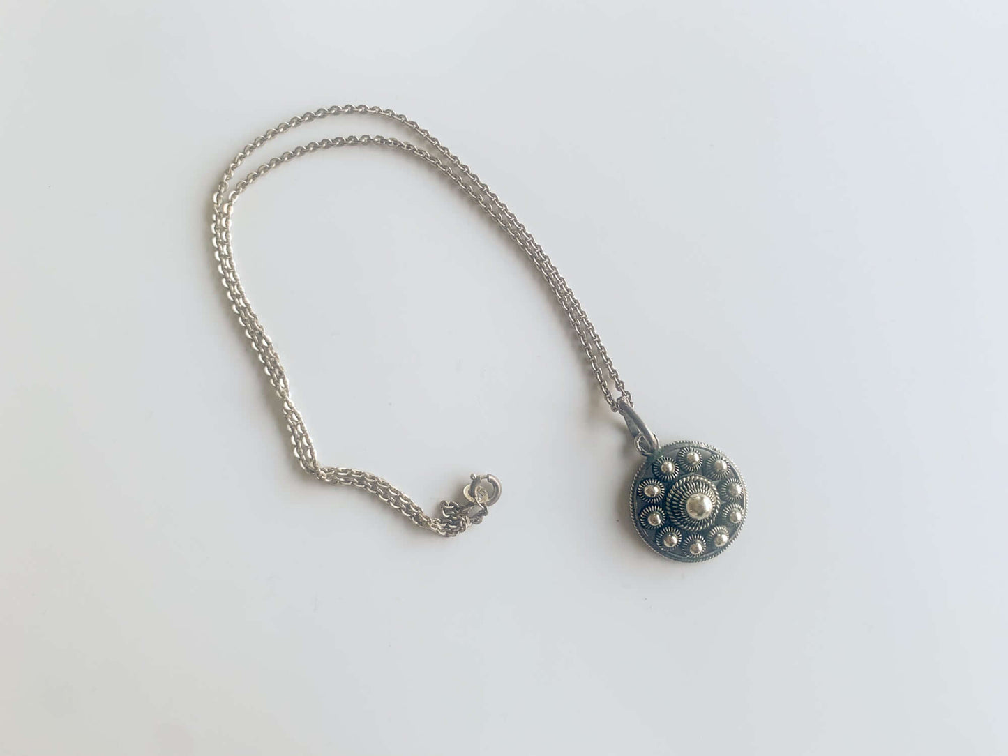 Silver Dutch Button pendant, filigree technique