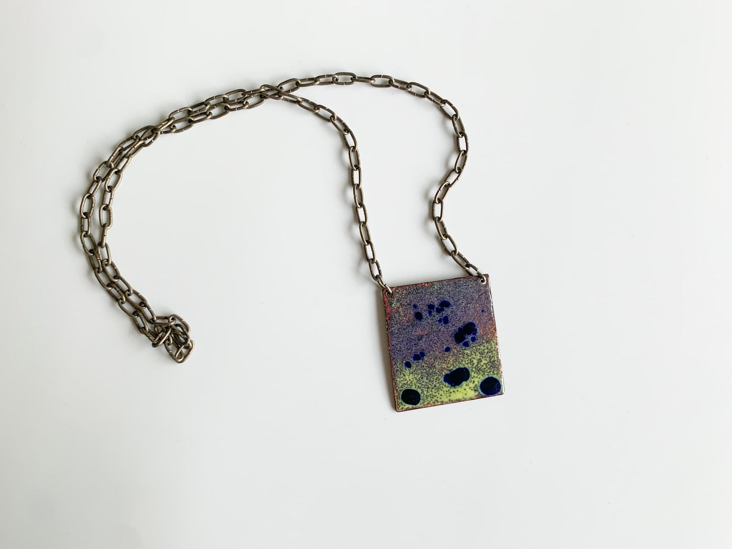 Vintage brutalist enamel copper pendant with necklace, Finland 1970s