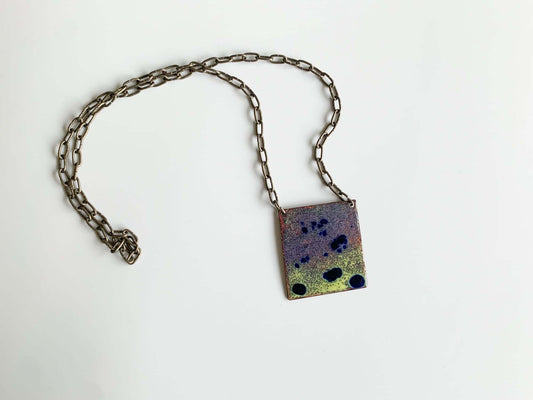 Vintage brutalist enamel copper pendant with necklace, Finland 1970s
