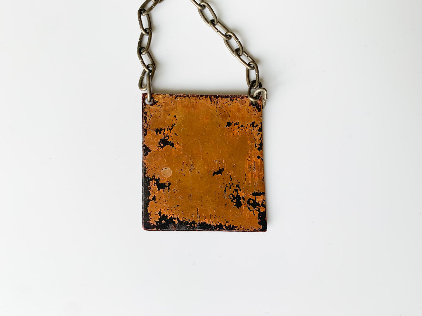 Vintage brutalist enamel copper pendant with necklace, Finland 1970s