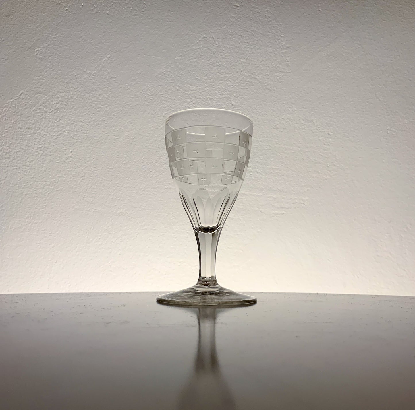 Antique Wine Glass Checkerboard Etching, likely Casimirsborg style