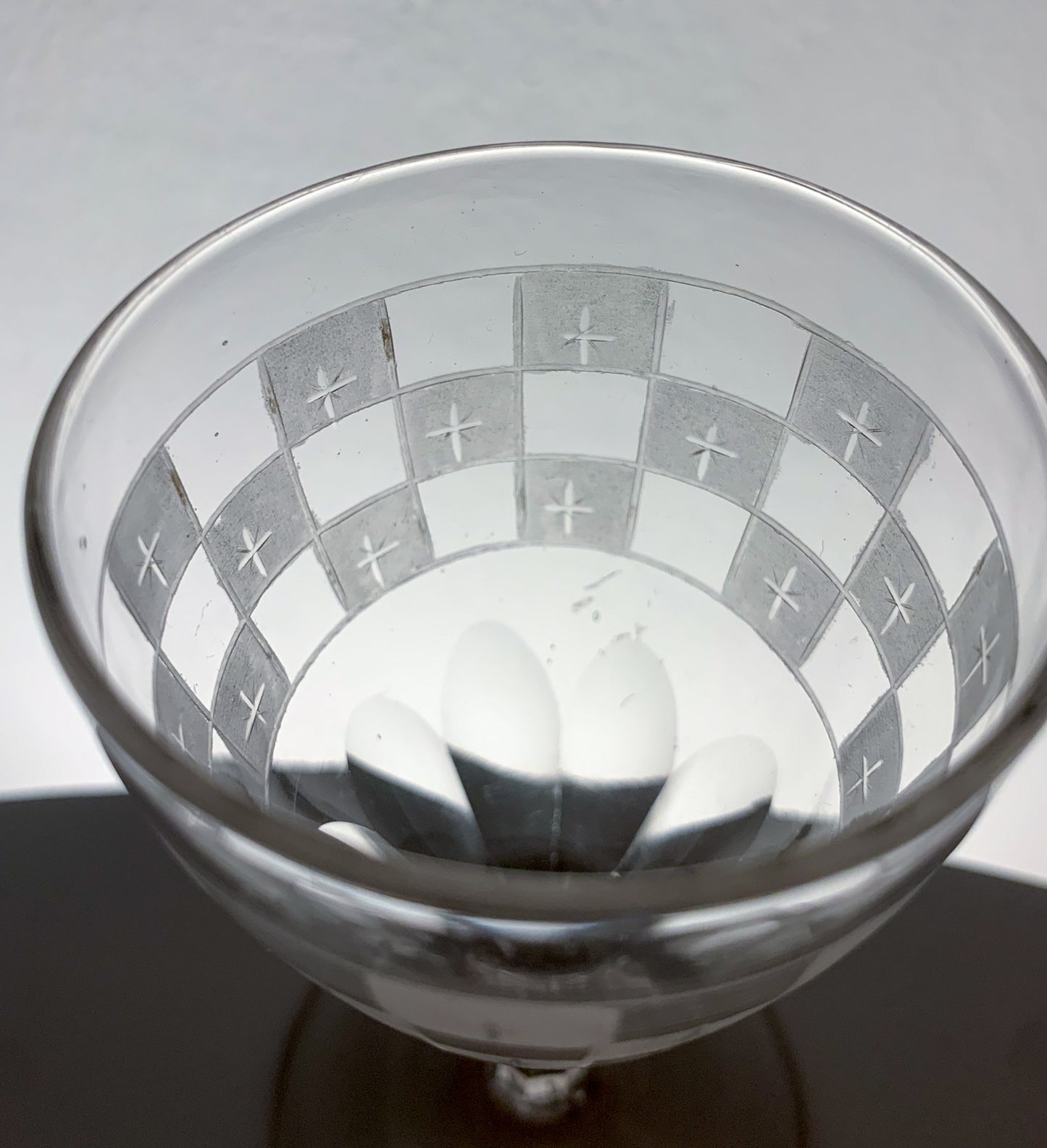 Antique Wine Glass Checkerboard Etching, likely Casimirsborg style