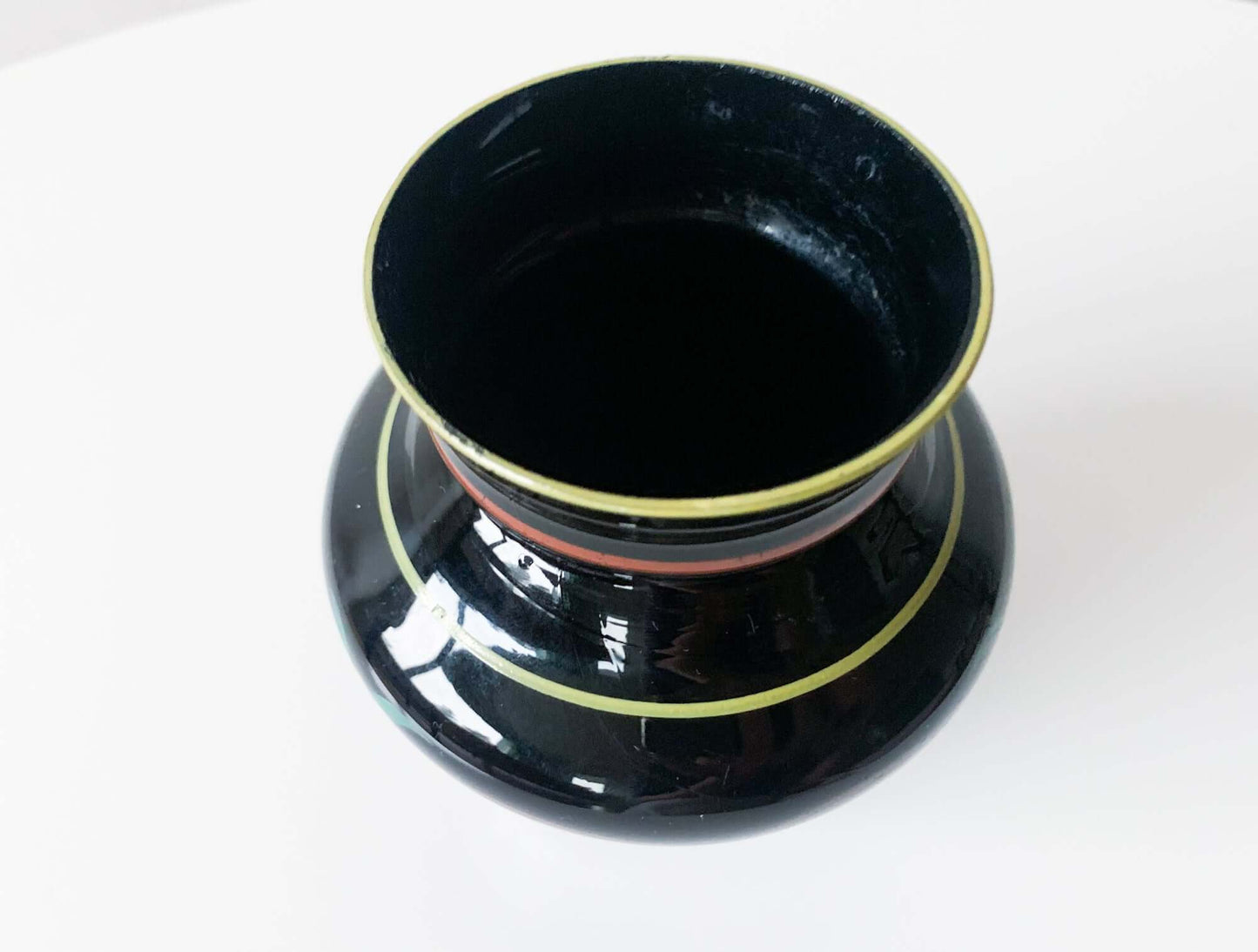 Vintage Art Deco black glass vase handpainted, Finland 1930s