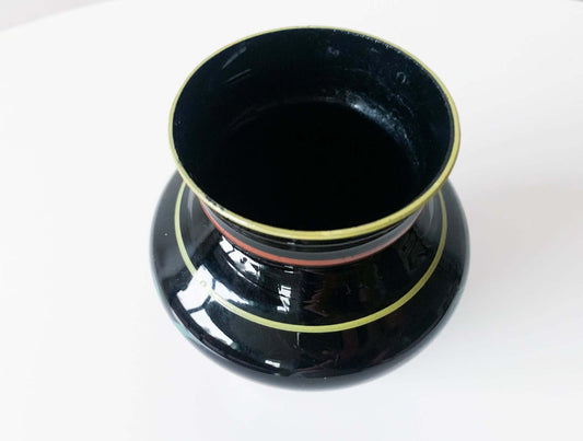 Vintage Art Deco black glass vase handpainted, Finland 1930s