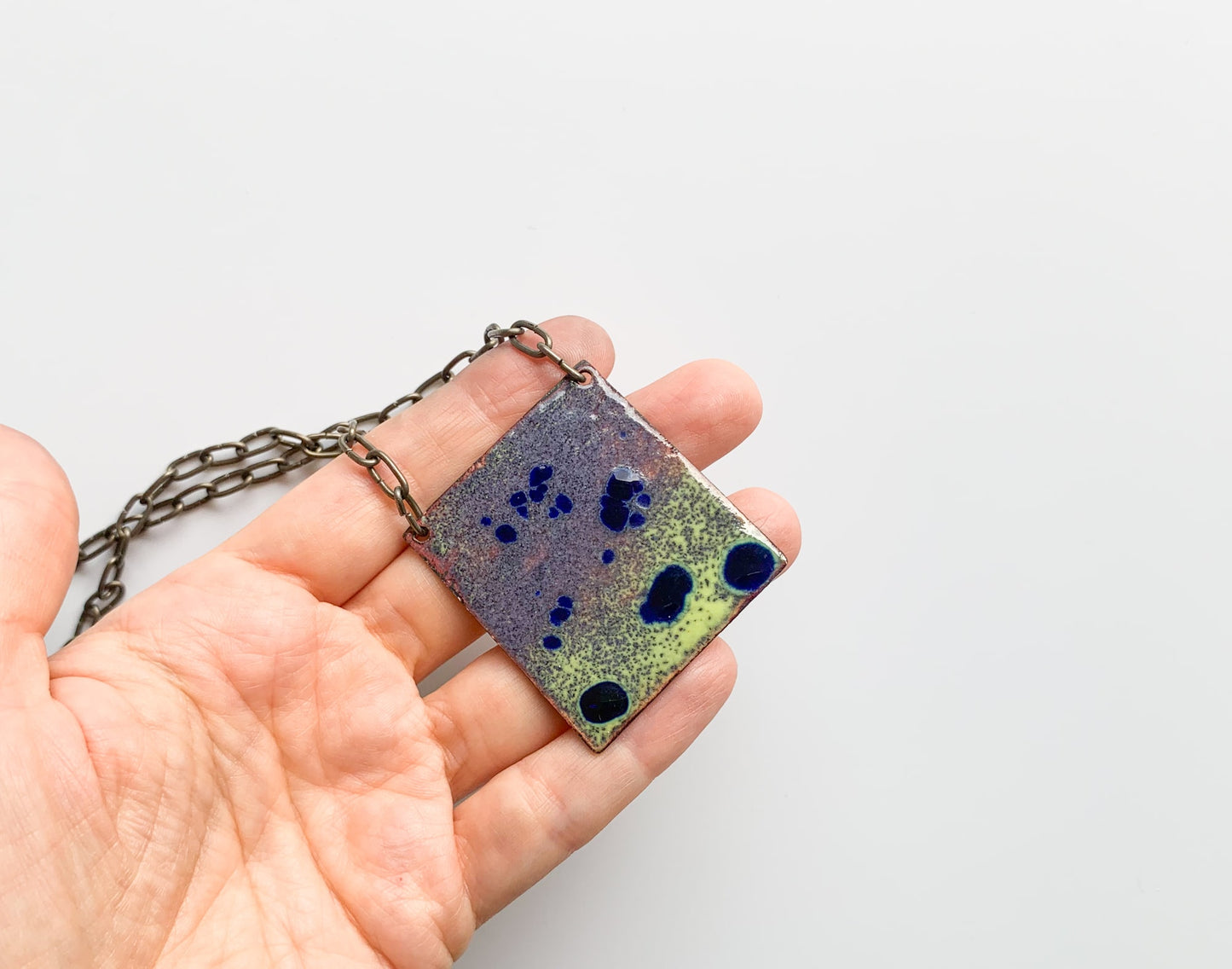 Vintage brutalist enamel copper pendant with necklace, Finland 1970s