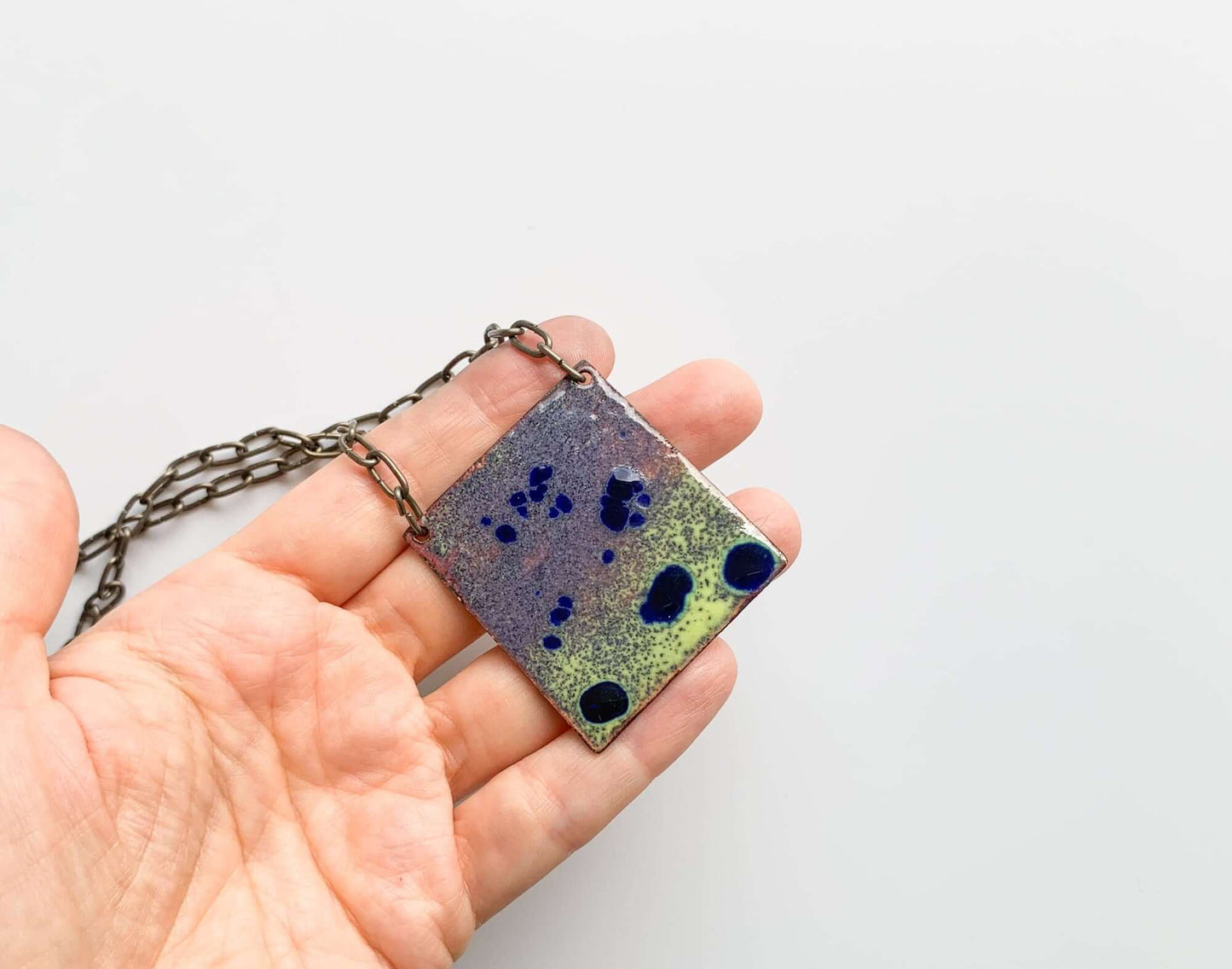 Vintage brutalist enamel copper pendant with necklace, Finland 1970s