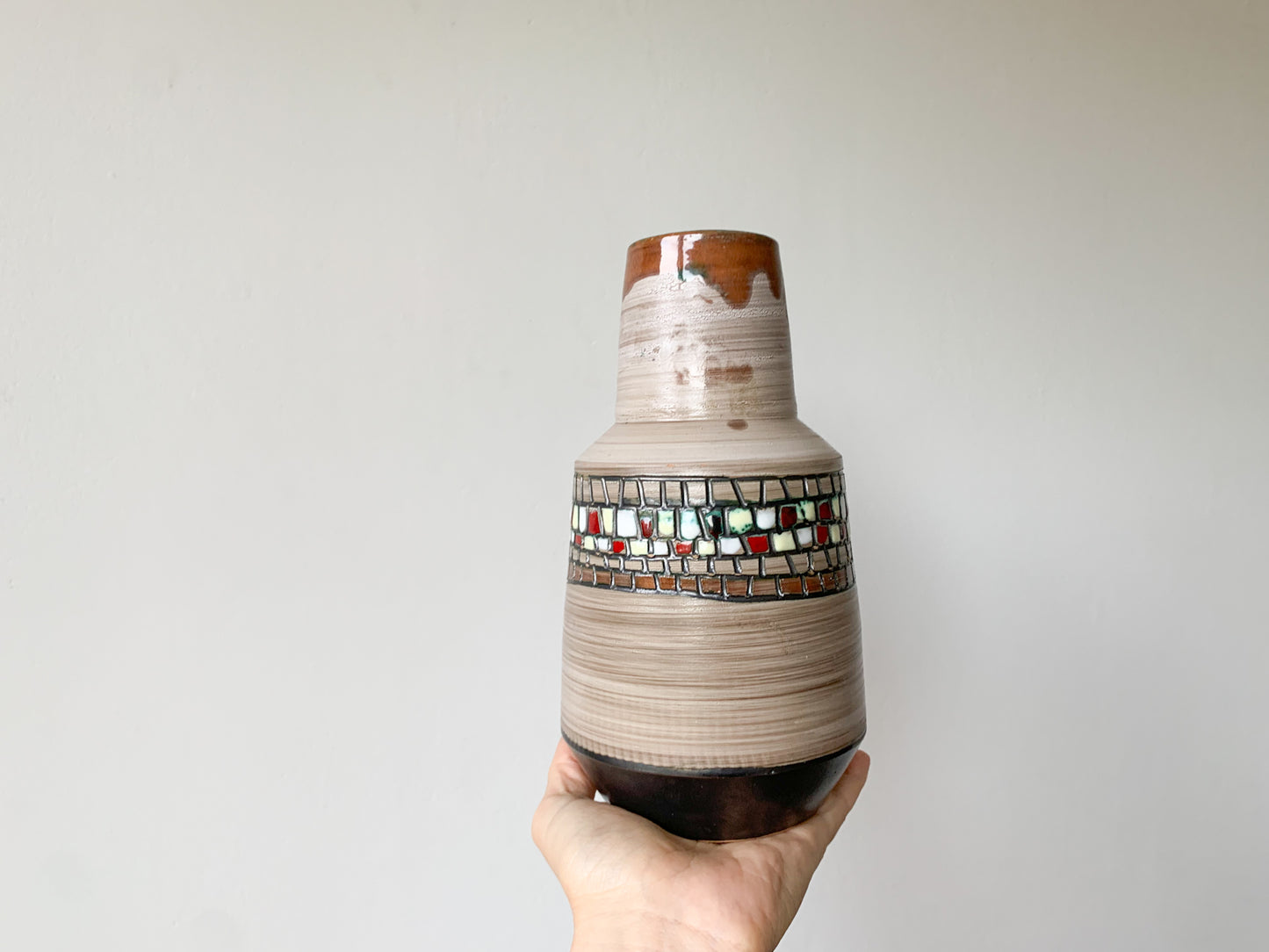 Vintage Bitossi style vase glazed and gunmetal decor, brown color art pottery, Italy