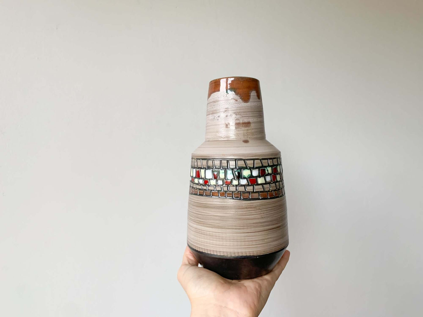 Vintage Bitossi style vase glazed and gunmetal decor, brown color art pottery, Italy