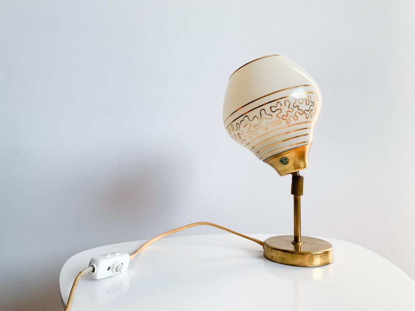 Sario Brass Opaline Glass Table Wall Lamp, 1950s, Gold Detailing