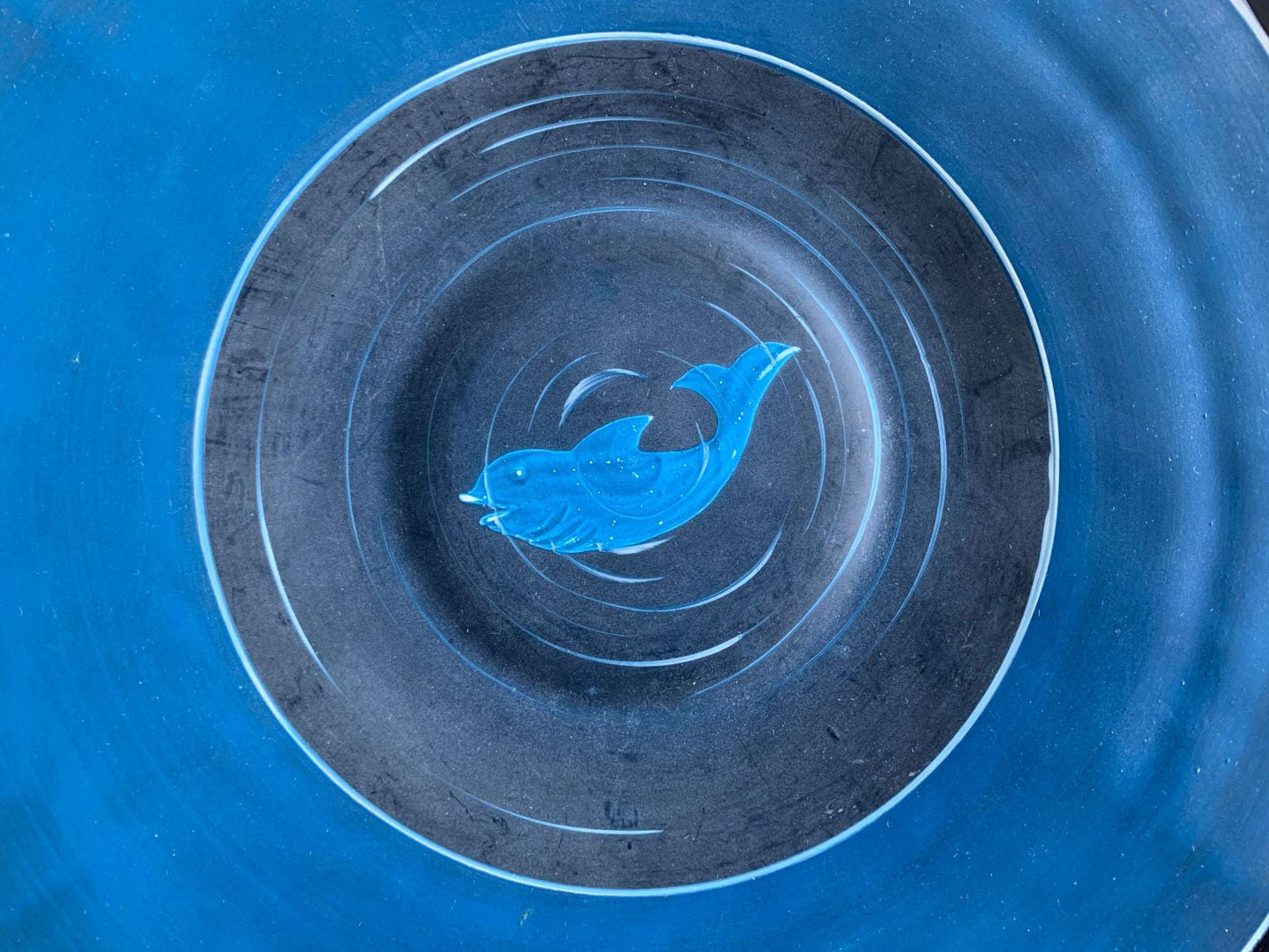 Vintage Art Deco black glass platter Fish in Ocean Depths, Afors Sweden, 1920-30s
