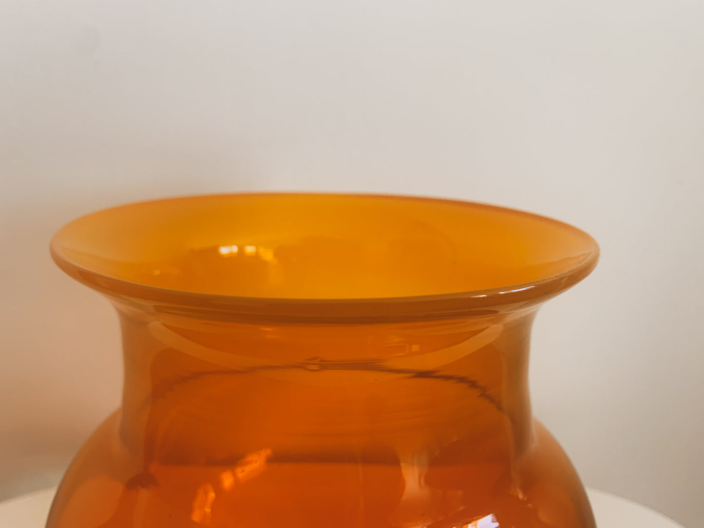 Vintage Erik Hoglund glass vase in honey color with opalline top, Kosta Boda Sweden, 1970s