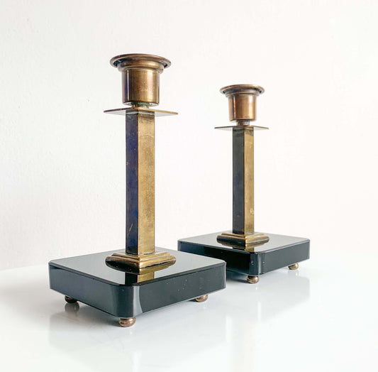 Pair of Swedish Art Deco brass & black glass candlesticks
