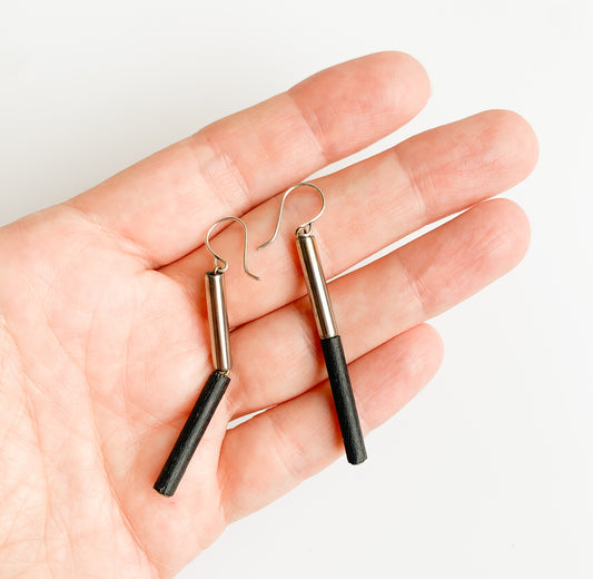 Aarikka Finland | Stick earrings, dark-blue wood & metal