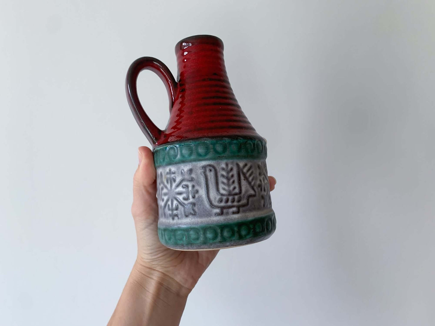 Ceramic vase in red and green with bird ornament. Bay Keramik, Germany, WGP