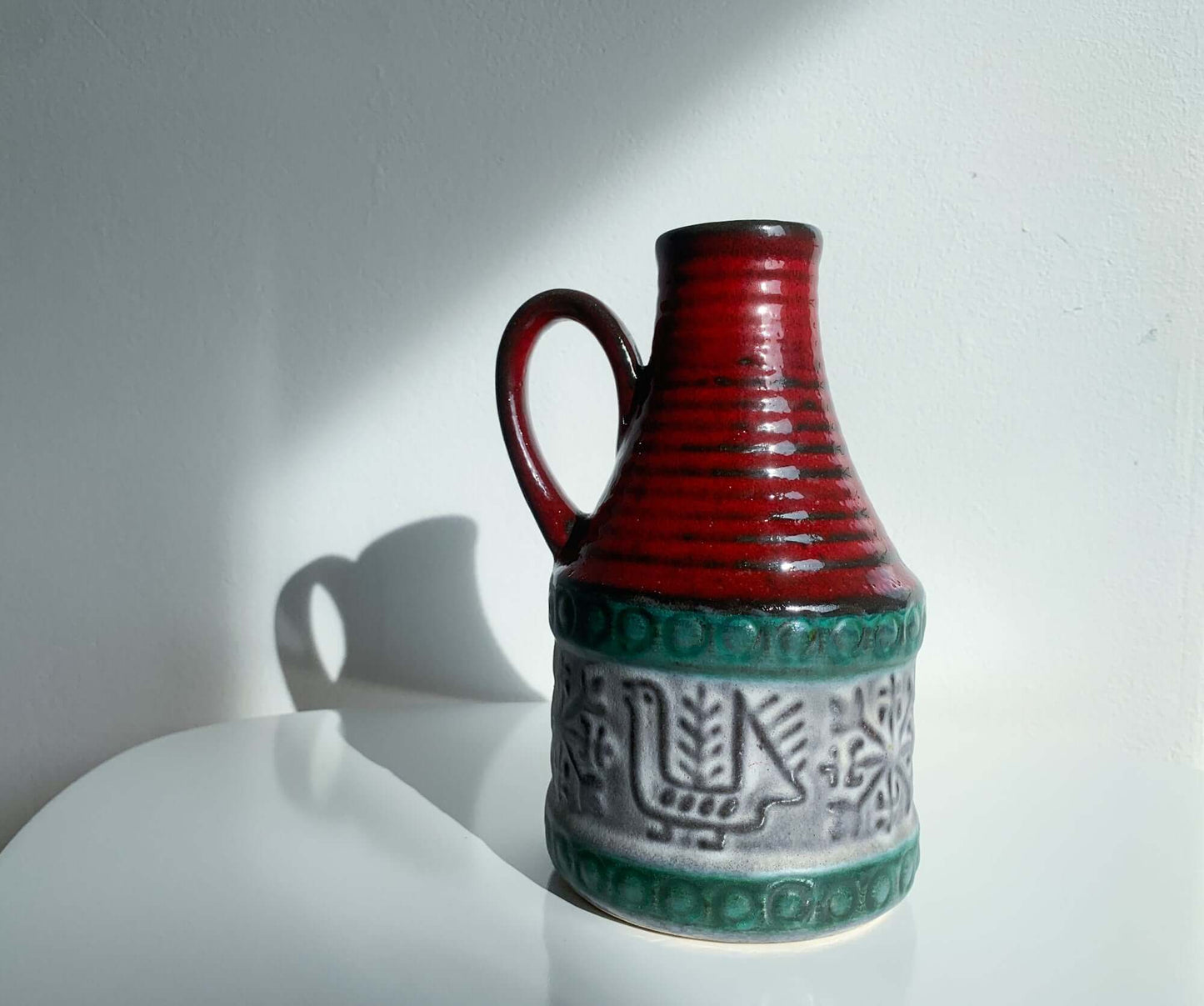 Ceramic vase in red and green with bird ornament. Bay Keramik, Germany, WGP