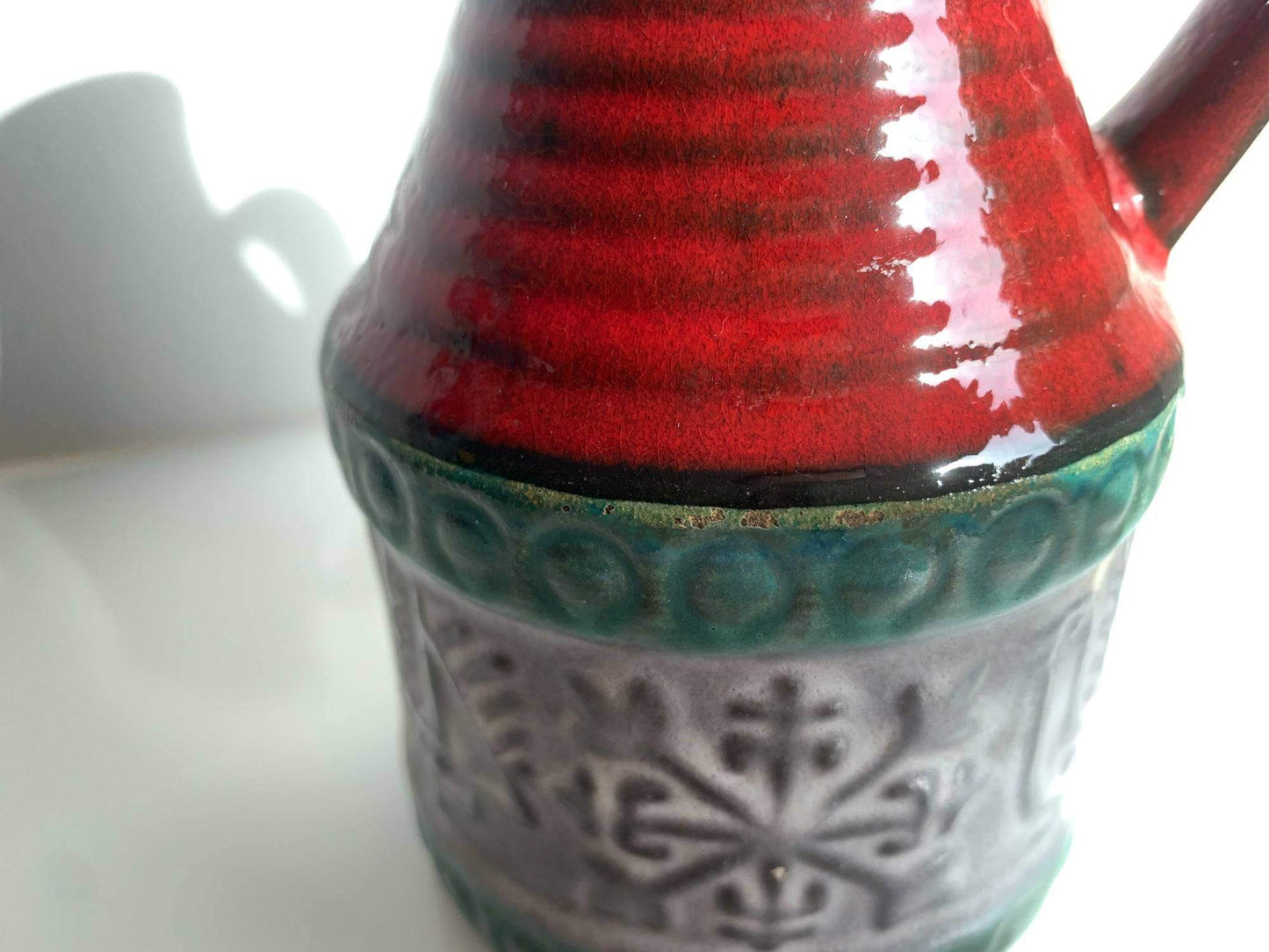 Vintage ceramic vase in red and green with ornament. Bay Keramik, Germany, 1970s